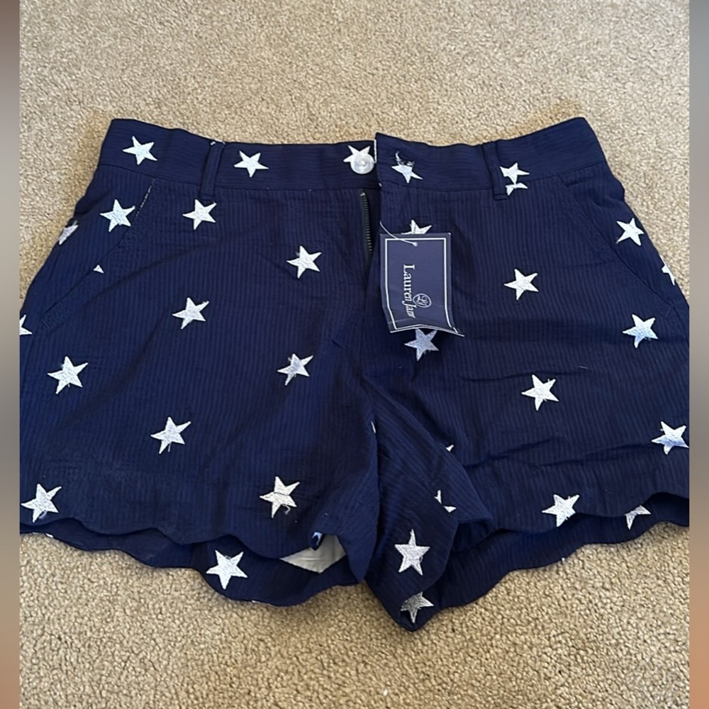 Navy Lauren James small short with embroidered white stars. NWT